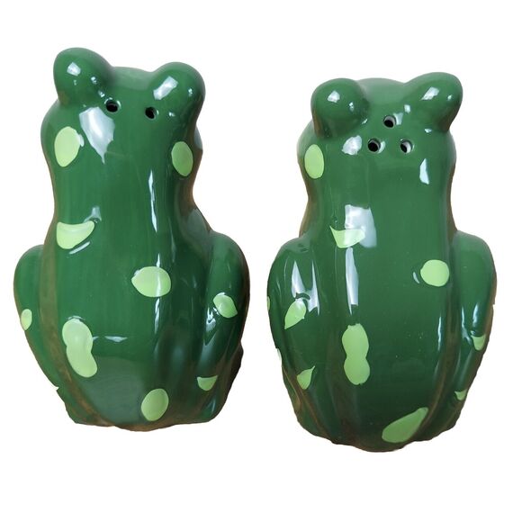 Frog Salt & Pepper Shakers Toad Ceramic Green Yellow White NEW - Picture 2 of 9